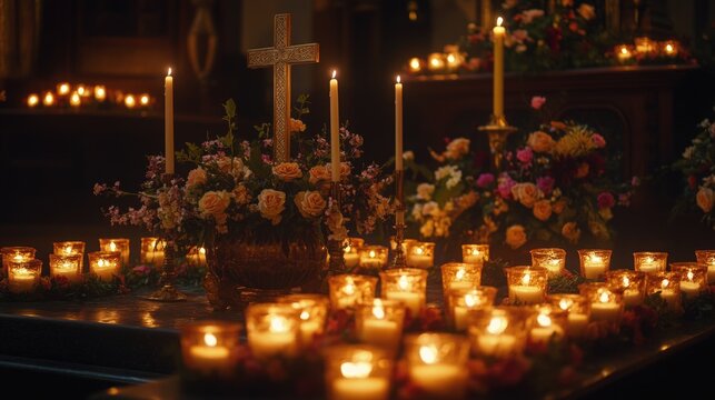 A group of lit candles gathered around a cross, signifying reverence and prayer during religious observance.
