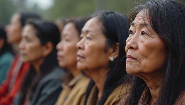 Solemn indigenous women in row look up. National Day for Truth, Reconciliation. Indigenous people seek justice. Remembering residential school survivors, victims, missing children. Native American