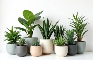 Collection of various houseplants in stylish pots against white backdrop. Green plants add freshness to interior home decor. Succulents, ferns, snake plants in decorative containers. Home gardening