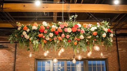 Lush floral arrangement hanging from ceiling with Edison bulbs.