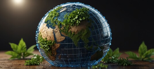 A world depicted in 3D with water conservation symbols, solar panels, and green leaves