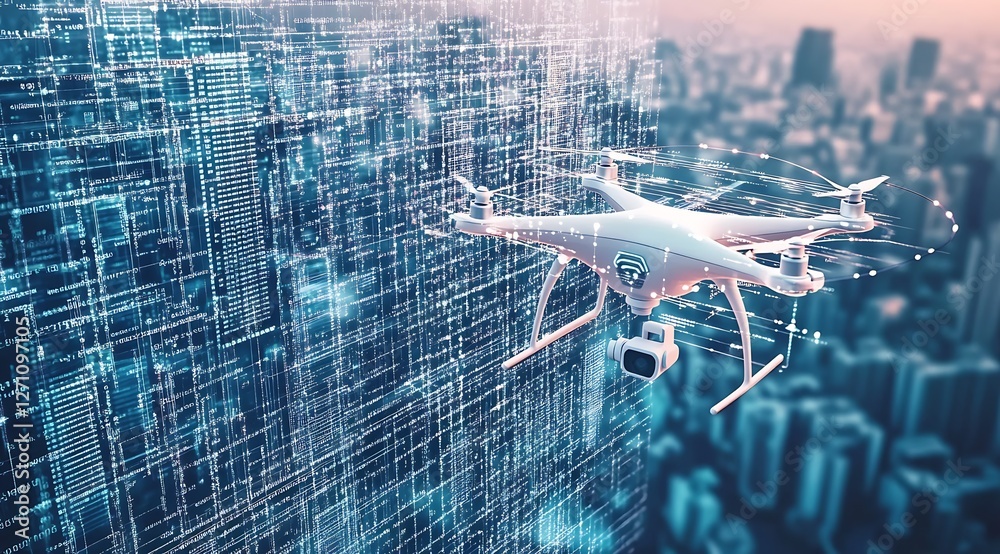 Fototapete Futuristic drone navigating through a high-tech city environment infused with flowing data and connections : Generative AI