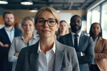 Obraz premium A woman with glasses stands among a group of people, great for use as a background or illustration