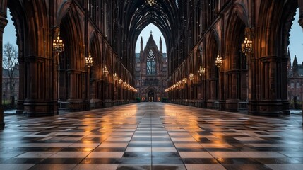Gothic Church Interior with Checkered Floor and Dramatic Lighting