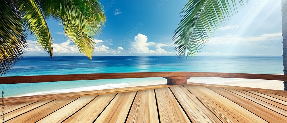 Poster Stunning outlook from a wooden deck on a beach with gentle waves and swaying palm trees : Generative AI