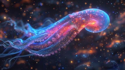 Naklejka premium A vibrant, glowing jellyfish gracefully swims through a cosmic ocean filled with colorful stars