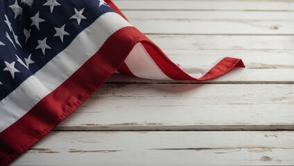 An exquisitely placed American flag on a white wooden background with room for text commemorating Independence Day, Memorial Day, Veterans Day, or July 4th
