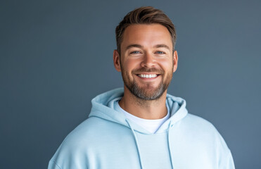 A joyful man in his thirties shares a bright smile while wearing a casual light hoodie, embodying a relaxed and friendly vibe