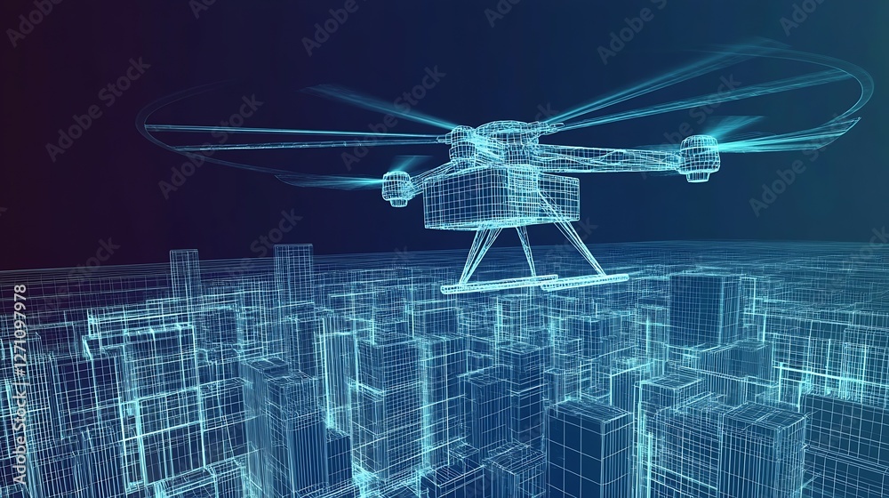 Poster cutting edge drone technology taking flight over a wireframe city indicating future transport system