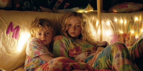 A heartwarming scene of two children dressed in colorful pajamas, sitting in a cozy fort with warm fairy lights in the background.