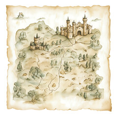 Medieval Castle Map Illustration: Vintage Parchment Watercolor Landscape