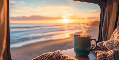A steaming mug of coffee rests on a table near a window, showcasing a breathtaking sunrise over the ocean with calming waves