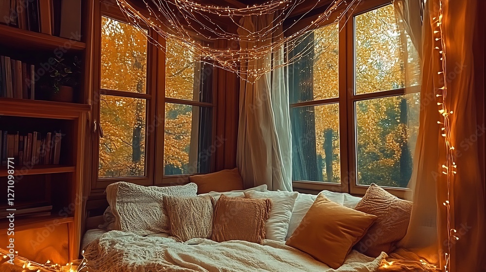 Poster inviting lounge area with soft textures and glowing lights against autumn backdrop : generative ai