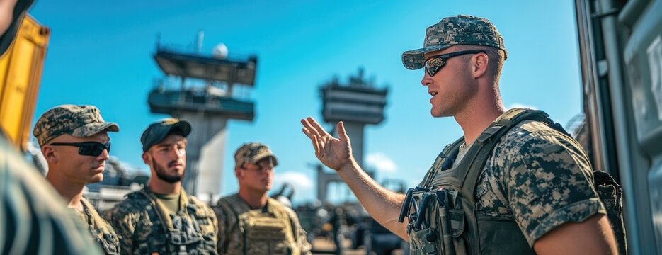 Military briefing, sunny base, control towers, mission planning
