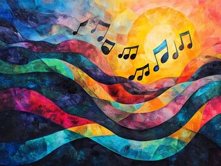 Fototapeta premium Abstract Music Landscape with Floating Notes and Vibrant Waves, Symbolizing Harmony, Creativity, Inspiration, and the Energy of Sound