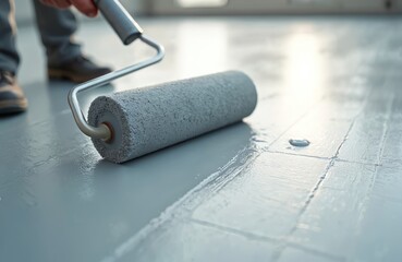 Gray hand-painted waterproofing on flooring. Roof deck repair with liquid protection coating using roller. Insulation against leaks, water damage, flooding. Renovation with cement, hydro protection