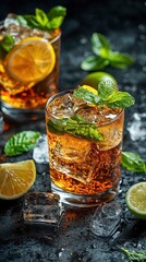 Refreshing Mint Beverage with Citrus and Ice Cubes on Dark Background