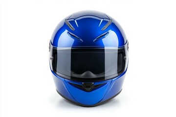 Shiny blue motorcycle helmet on white background. AI image