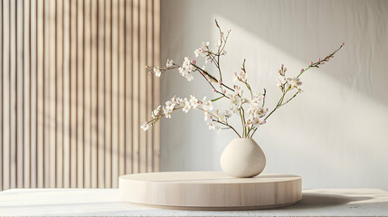 Elegant floral arrangement in a minimalist setting with soft lighting and wooden accents