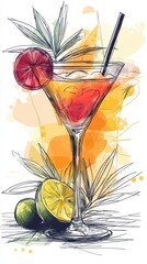 Colorful Cocktail Illustration with Fresh Citrus Elements
