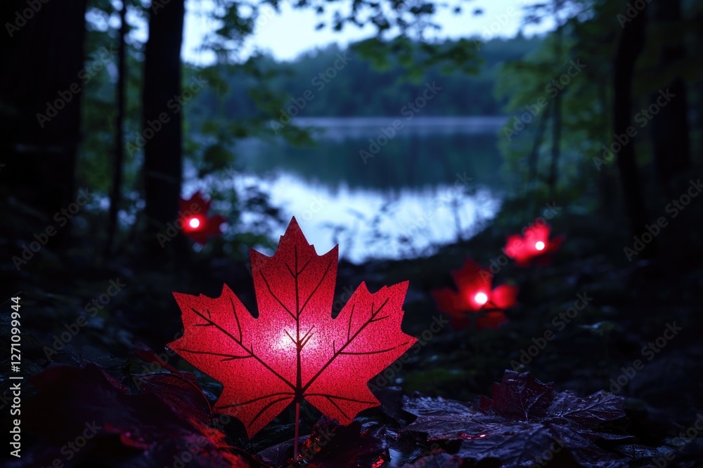 Poster a solitary red maple leaf rests on the forest floor, surrounded by lush greenery and trees