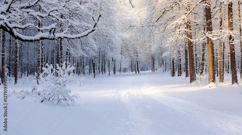 Poster Winter wonderland with snowcovered trees and a serene path inviting exploration : Generative AI