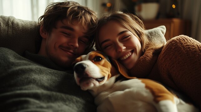 Happy young couple with a beagle dog in the living room at home,