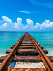 Rusty Railroad Tracks Extending into Turquoise Ocean - An old rusty railroad track stretches towards a vibrant turquoise ocean under a bright blue sky, symbolizing journey, adventure, hope