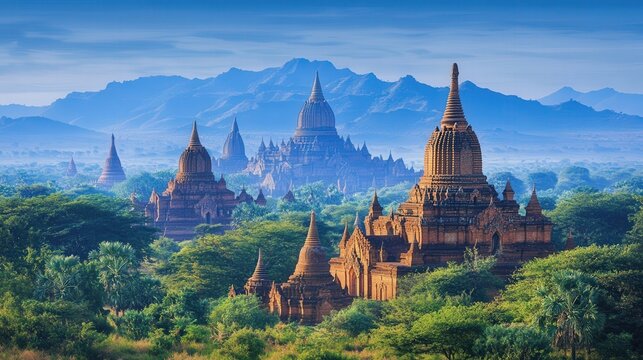 The illuminated temples of Bagan create an enchanting sunrise landscape dotted with ancient spires.
