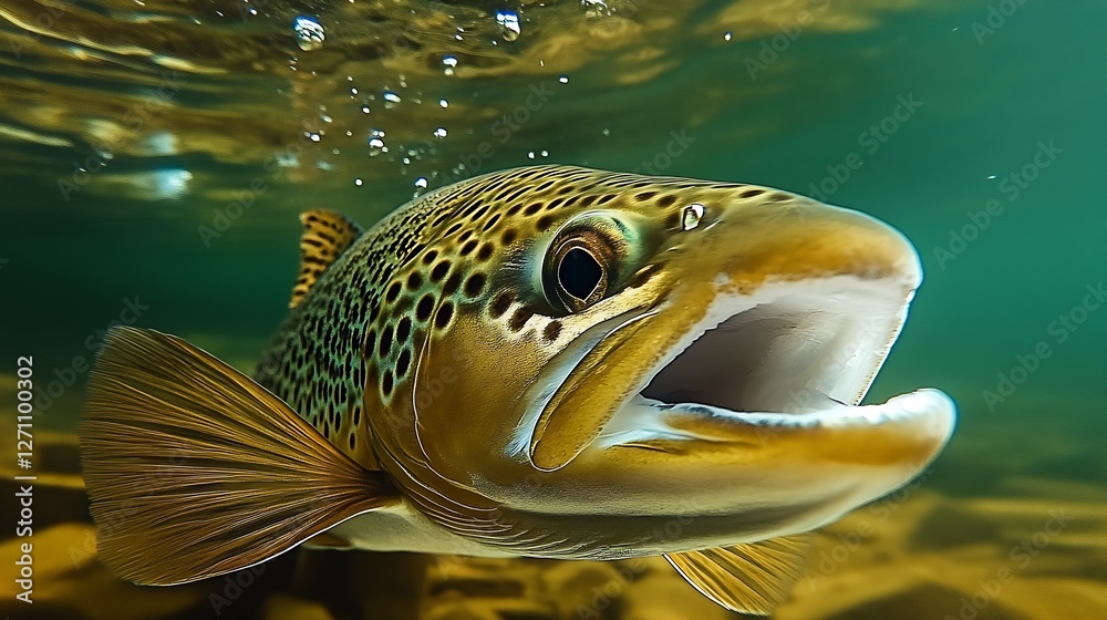 Poster vibrant underwater close up of a brown trout with striking patterns and clear water background : gen
