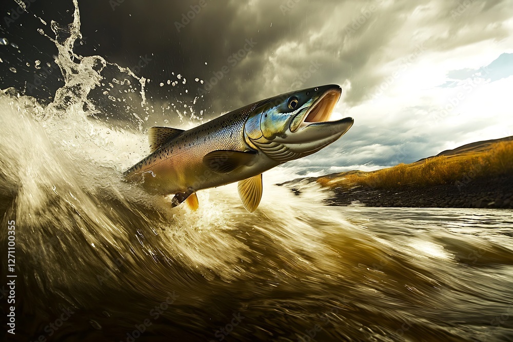 Poster Energetic fish leaps from rushing river creating waves with a dramatic sky overhead : Generative AI