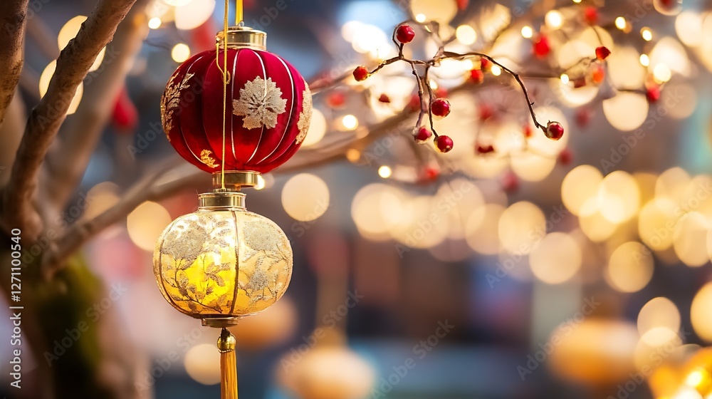 Poster beautiful traditional lanterns adorned with intricate patterns for festive celebrations in a vibrant