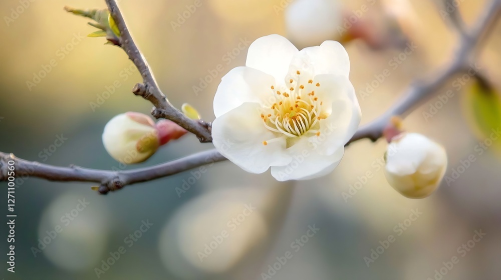 Poster delicate white flower blooming on a tree branch in soft golden sunlight symbolizing the arrival of s