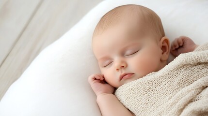 Adorable peaceful sleeping baby wrapped in a cozy knit shawl resting peacefully on soft bedding : Generative AI