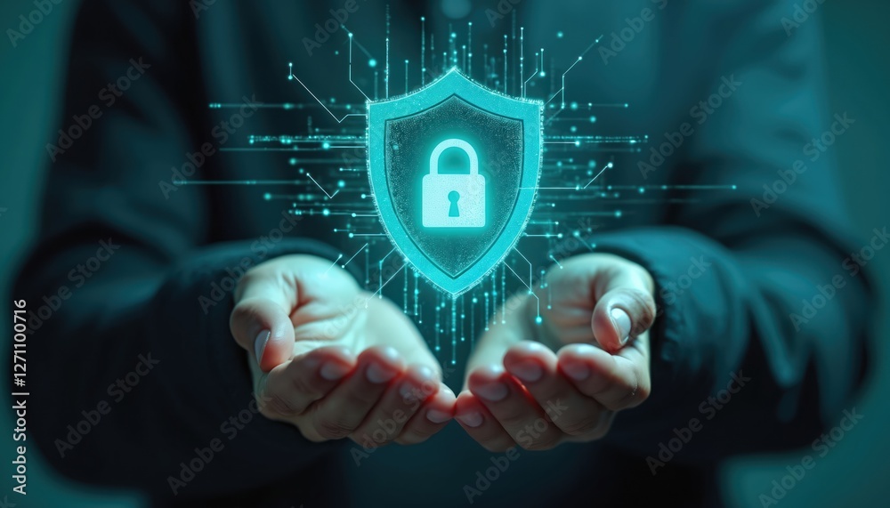 Poster software developer secures data with digital shield. cybersecurity concept in cyberspace. man holds 