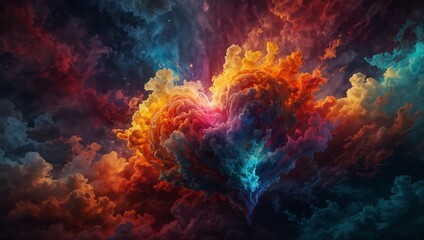 A glowing heart made of swirling clouds filled with radiant colors of love, passion, and warmth