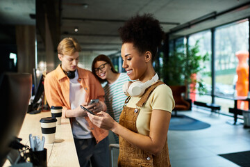 Colleagues engaged in a collaborative moment at a vibrant hotel lobby during a business trip