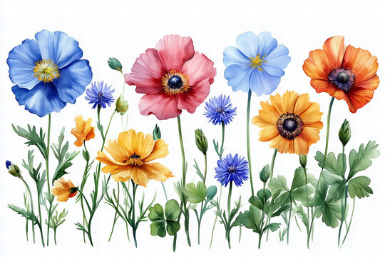 Akwarela przedstawiająca kolorowe maki i chabry na białym tle