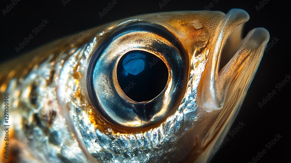 Poster macro shot of a fish revealing its striking eye and reflective scales in an underwater setting : gen