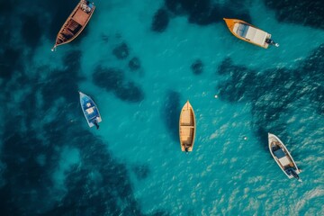 Aerial view of boats on vibrant azure sea. AI image
