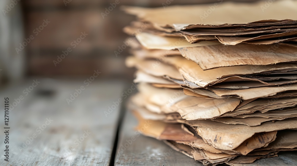 Aufkleber stack of aged papers on rustic wooden surface showcasing vintage texture and historical interest : g