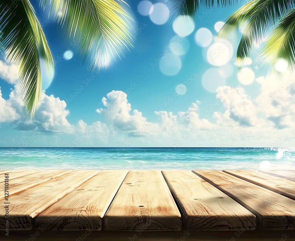 Aufkleber charming tropical beach with gentle ocean waves and a vibrant sky filled with fluffy clouds framing 