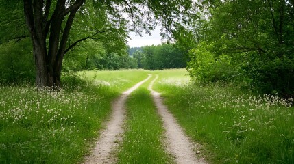 Obraz premium Scenic rural pathway winding through lush green fields surrounded by trees under a bright blue sky : Generative AI