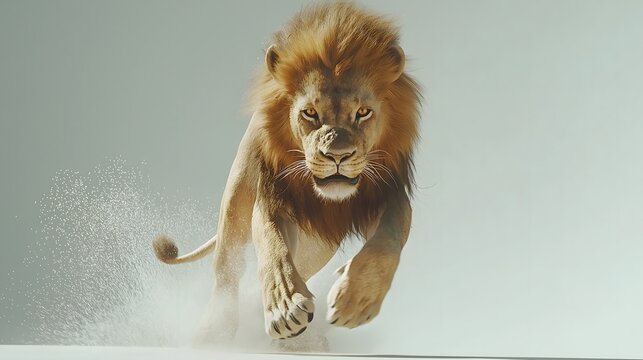 Dramatic close-up of charging male lion with intense expression against white background, powerful African wildlife photography, aggressive predator hunting portrait