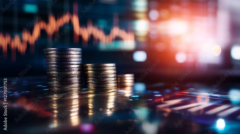 Poster stacks of coins on a digital trading platform with a vibrant graph indicating market trends : genera