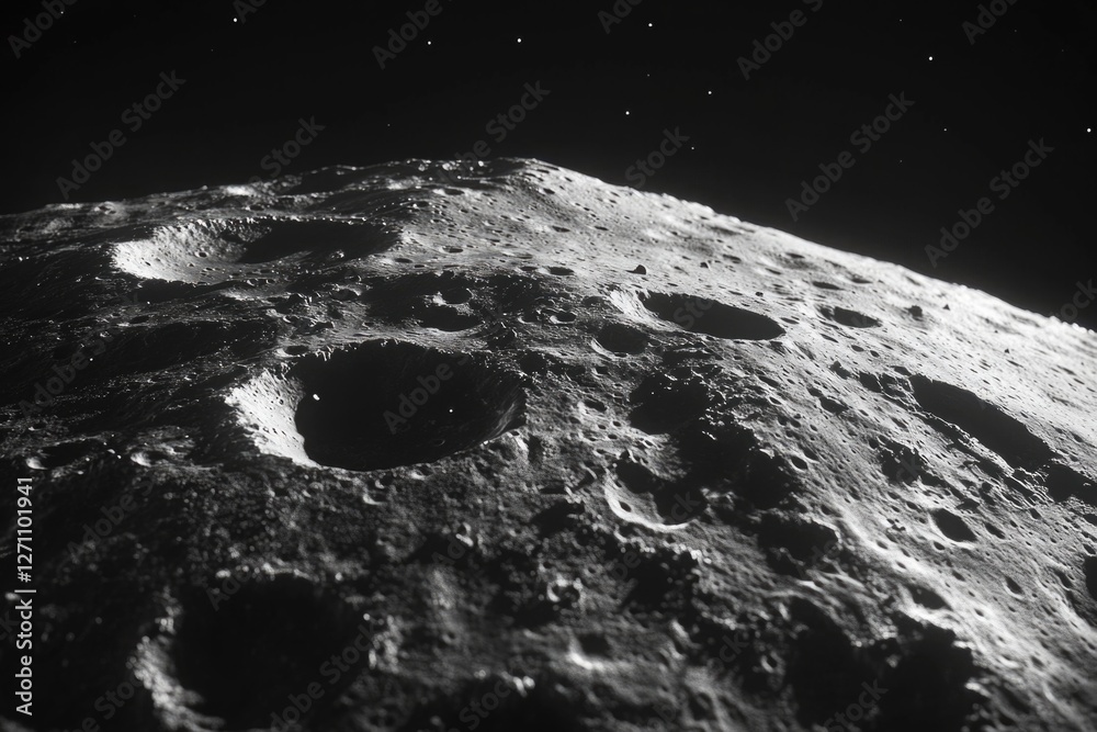 Poster A grayscale image of the moon's surface with craters and mountains visible