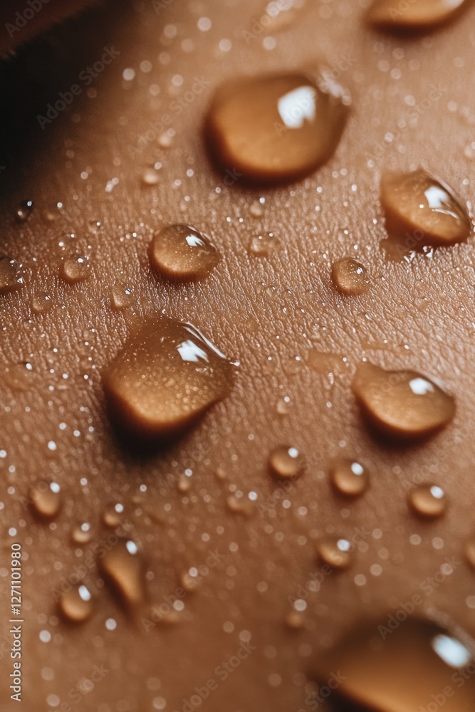 Poster a high-angle view of individual water droplets on a surface, with clear details of their texture and