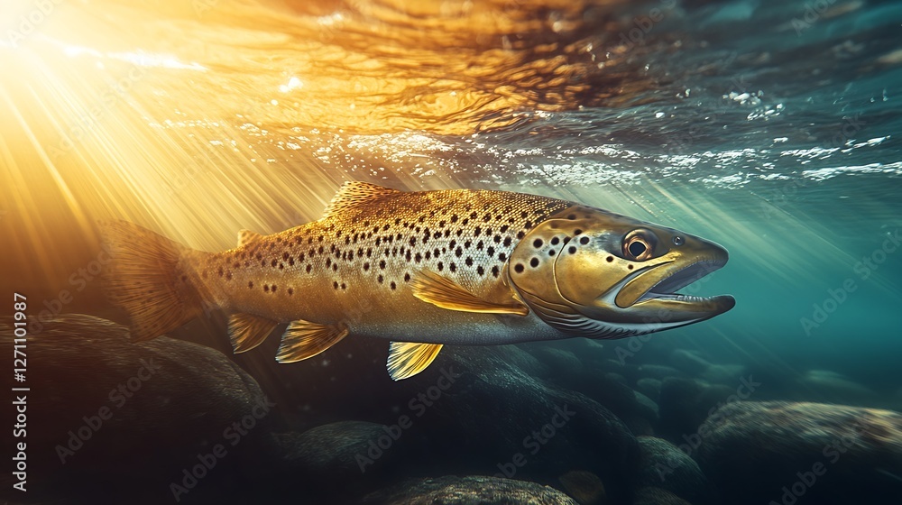 Poster graceful brown trout swimming through clear waters with sun rays illuminating its path : generative 