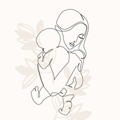 Woman holding baby minimal one line art. Mother and child.