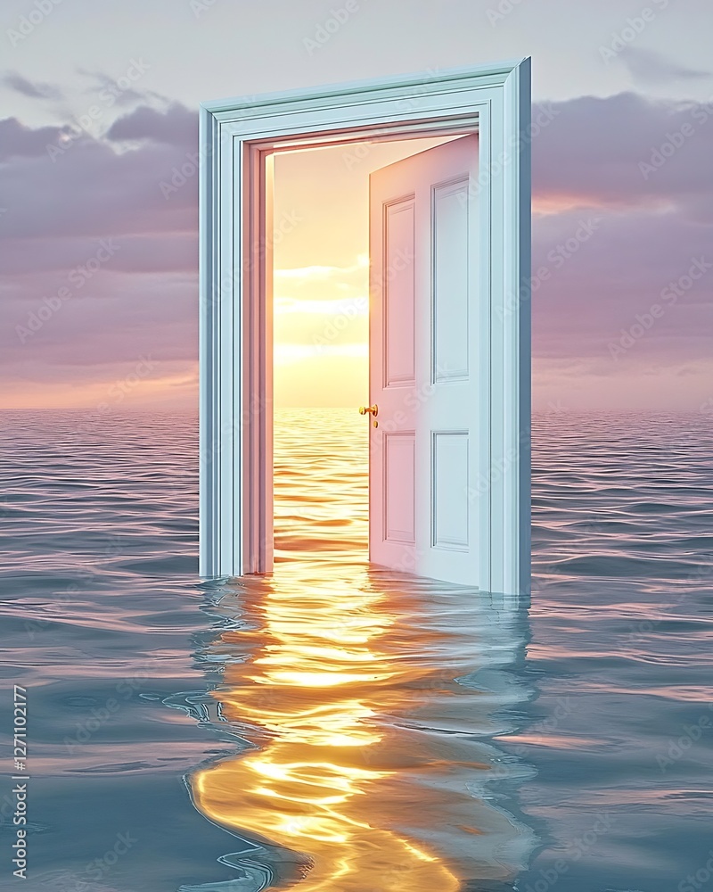 Poster mysterious door half submerged in water capturing reflections during a vibrant sunset : generative a
